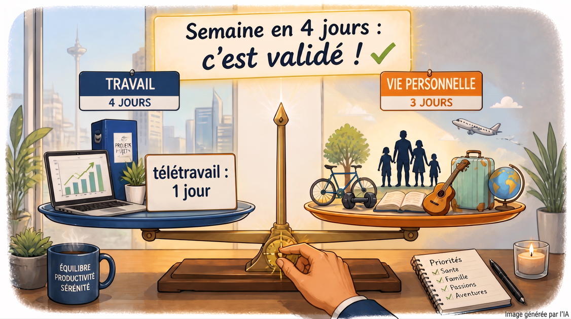 Pérennisation de la semaine en 4 jours avec un jour de télétravail :Une nouvelle avancée en faveur de l’équilibre vie professionnelle / vie personnelle !